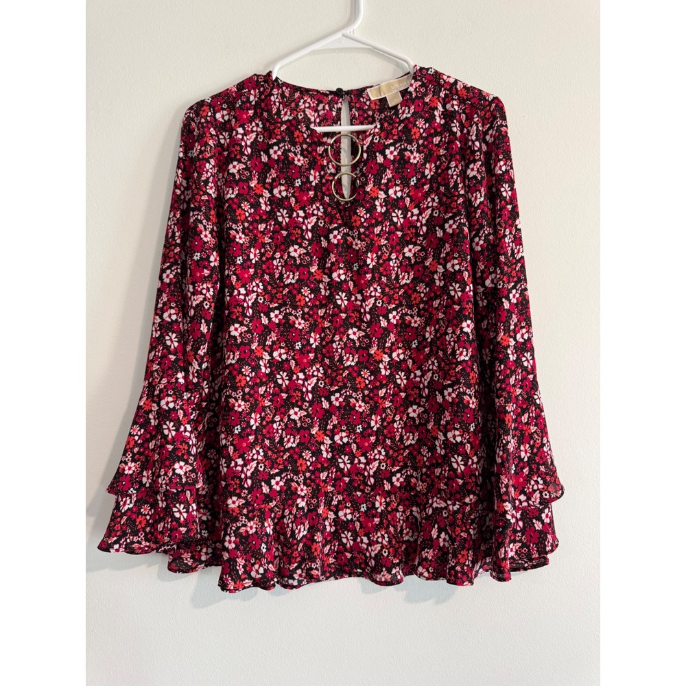 Michael Kors Floral Bell Sleeve Blouse Womens Small Red Gold Ring Accent Peplum
